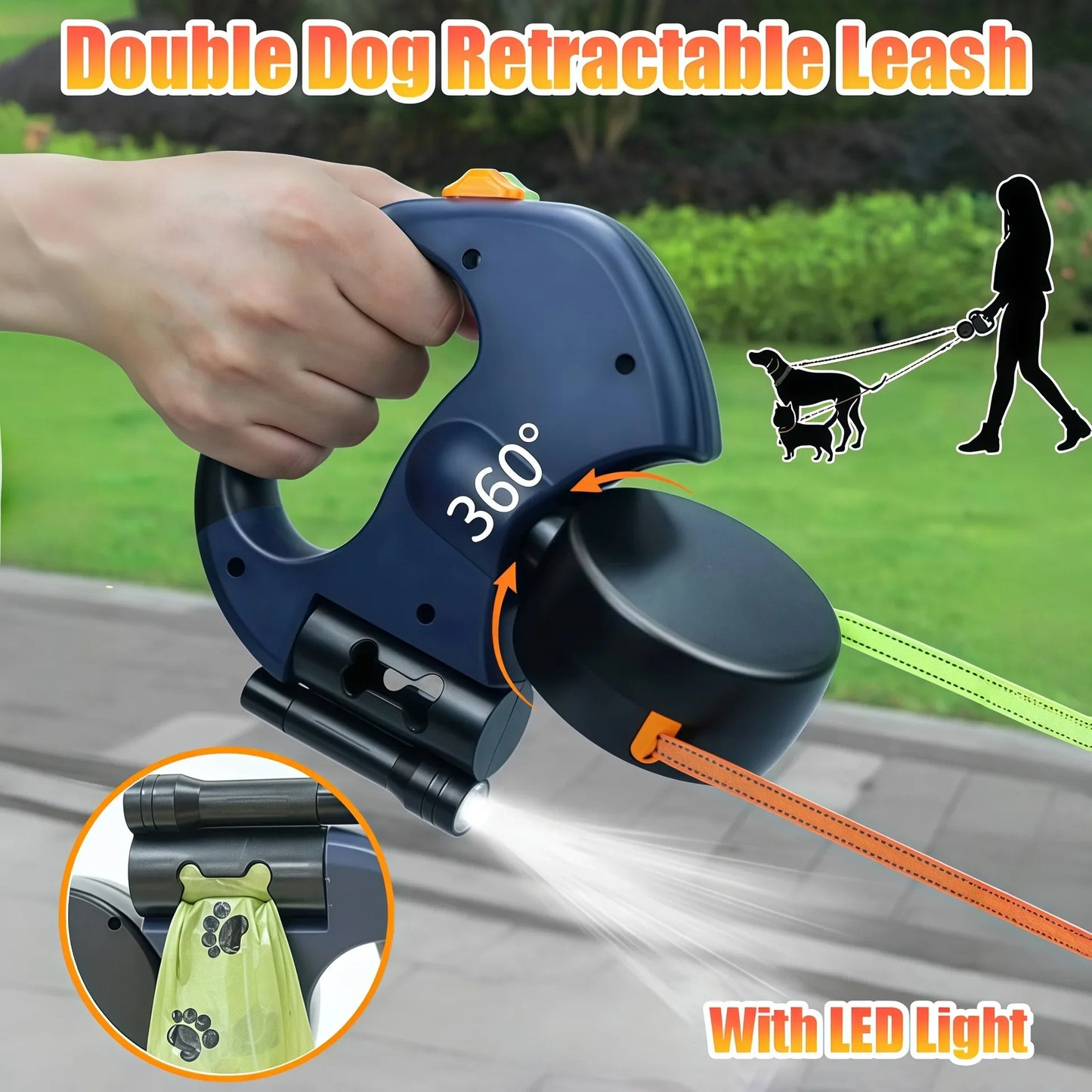 Correa Retráctil Doble 3M Premium para Perros Pequeños – Sin Enredos, Reflectante y con Luz LED