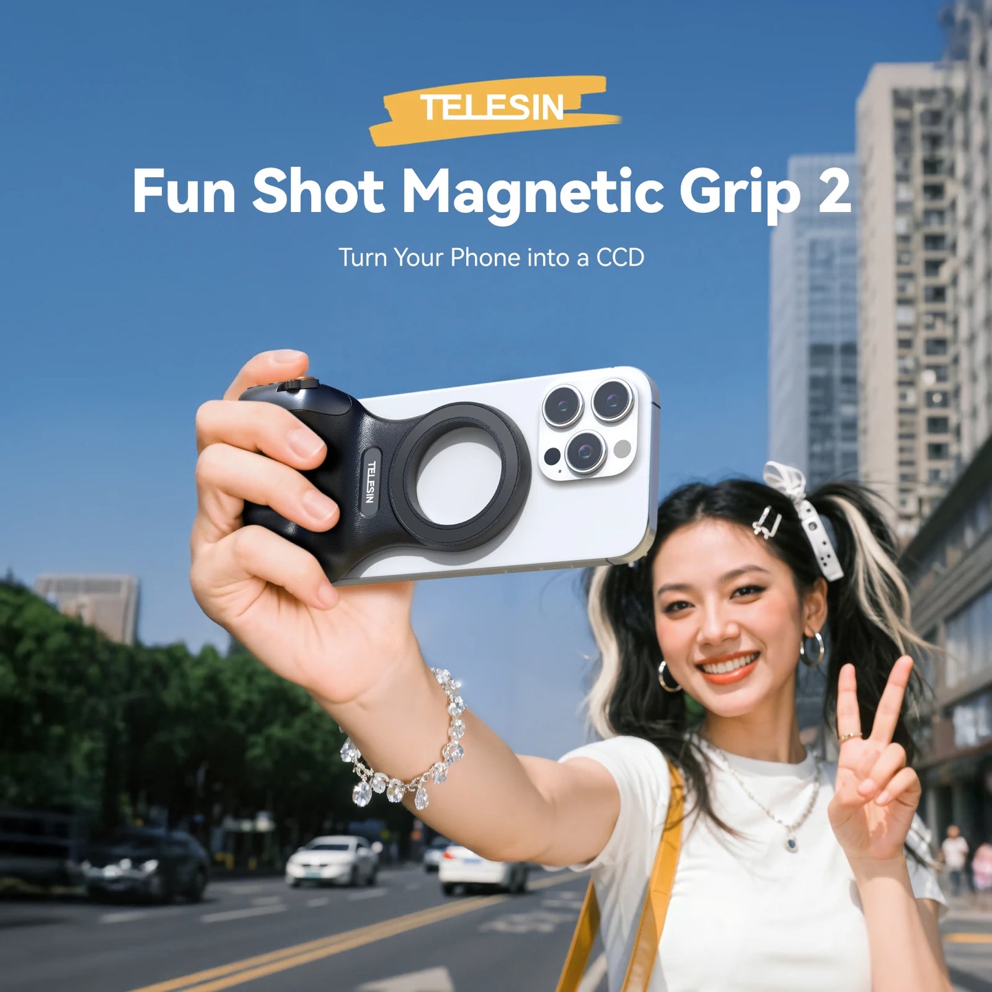 Empuñadura Magnética TELESIN Fun Shot con Control Remoto – Soporte de Cámara para Teléfonos Android e iOS