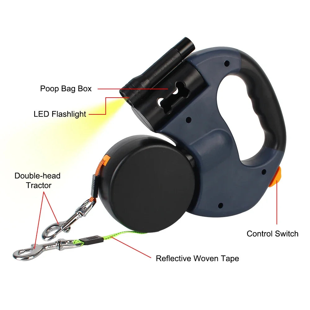 Correa Retráctil Doble 3M Premium para Perros Pequeños – Sin Enredos, Reflectante y con Luz LED