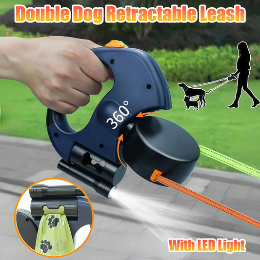 Correa Retráctil Doble 3M Premium para Perros Pequeños – Sin Enredos, Reflectante y con Luz LED