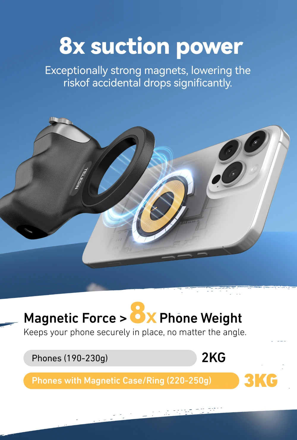 Empuñadura Magnética TELESIN Fun Shot con Control Remoto – Soporte de Cámara para Teléfonos Android e iOS